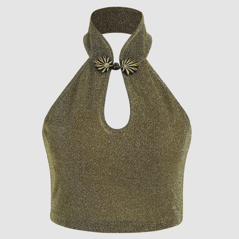New Cider Solid Glitter Gold Halter Choker Style Cropped Tank Top - Picture 5 of 9
